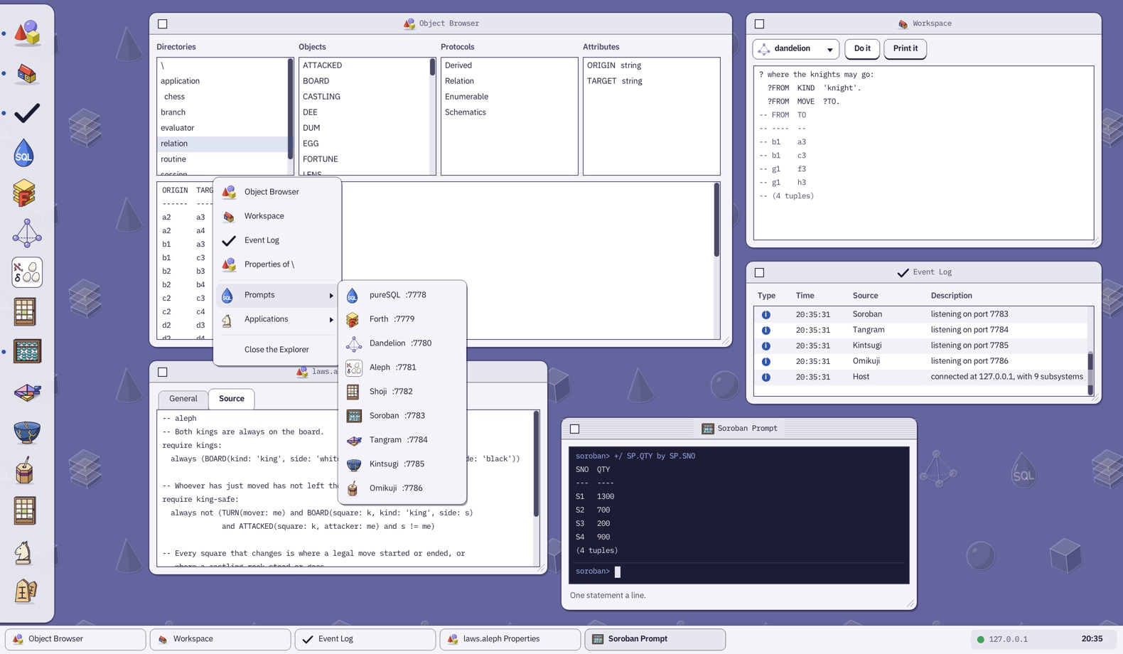 The RNT Explorer: an object browser, a workspace, the event log and a Soroban prompt on the RNT desktop